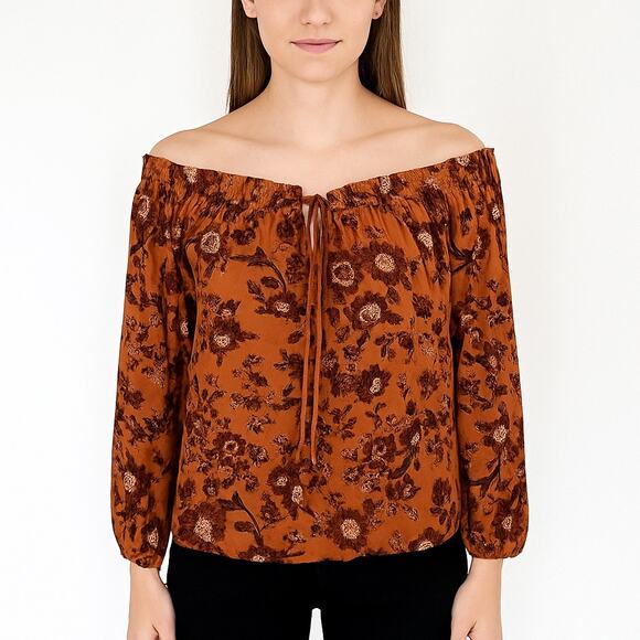 Aura The Label Smocked Off Shoulder Floral Top S Rayon Boho Indie Cottagecore - Picture 1 of 8